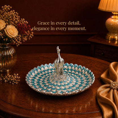 Diviniti Turquoise Blue Peacock German Silver Platter with Gift Box beautifully displayed on a wooden table.