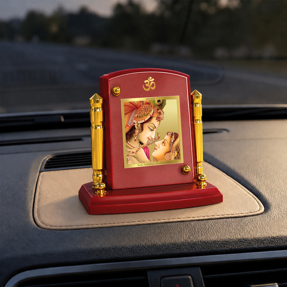 24K Gold-Plated Radha Krishna MDF Car Dashboard Frame | 7.5x9 CM