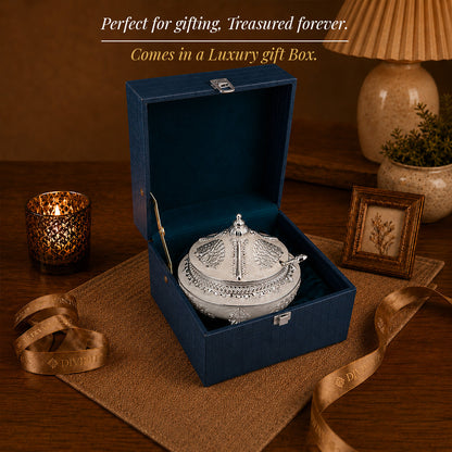 Diviniti Premium Silver-Plated Decorative Sugar Pot | White Enamel Lidded Bowl for Festive Serving & Home Décor