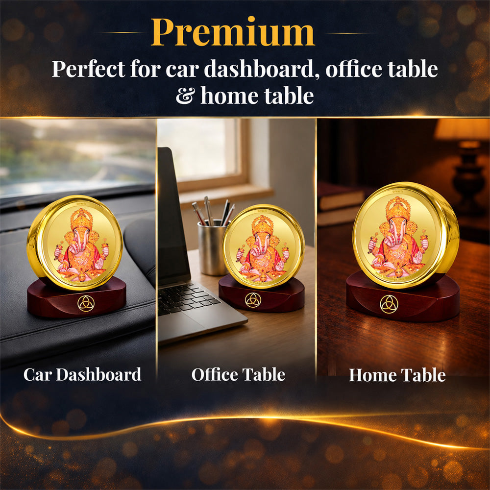 24K Gold-Plated Dagdu Ganesh Car Dashboard Frame | 5x5 CM