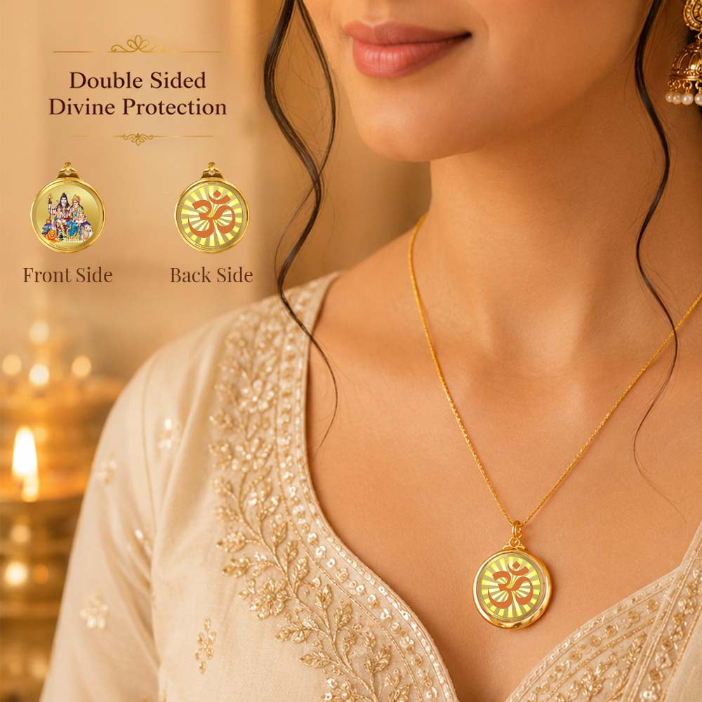 Diviniti 24K Double sided Gold Plated Pendant Shiv Parivar & Om|28 MM Flip Coin