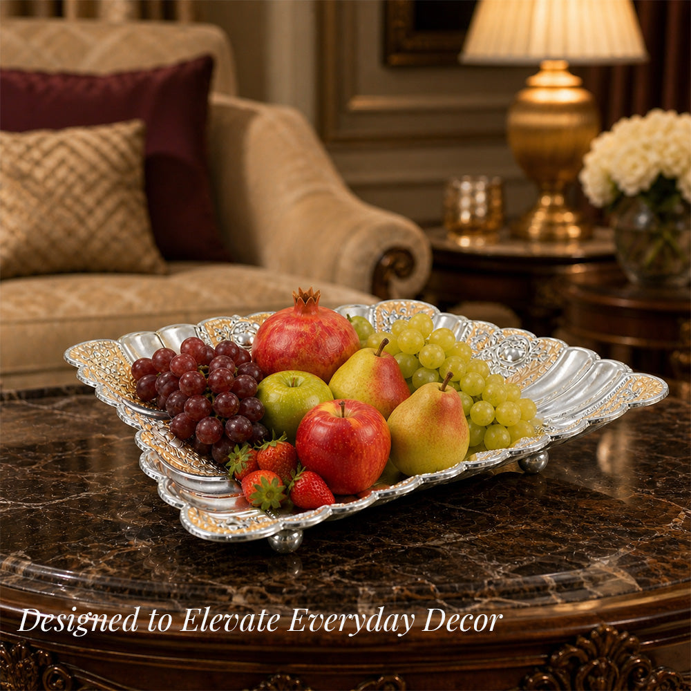 Diviniti Gold Accent German Silver Decorative Platter with fruits, designed for elegant everyday decor.