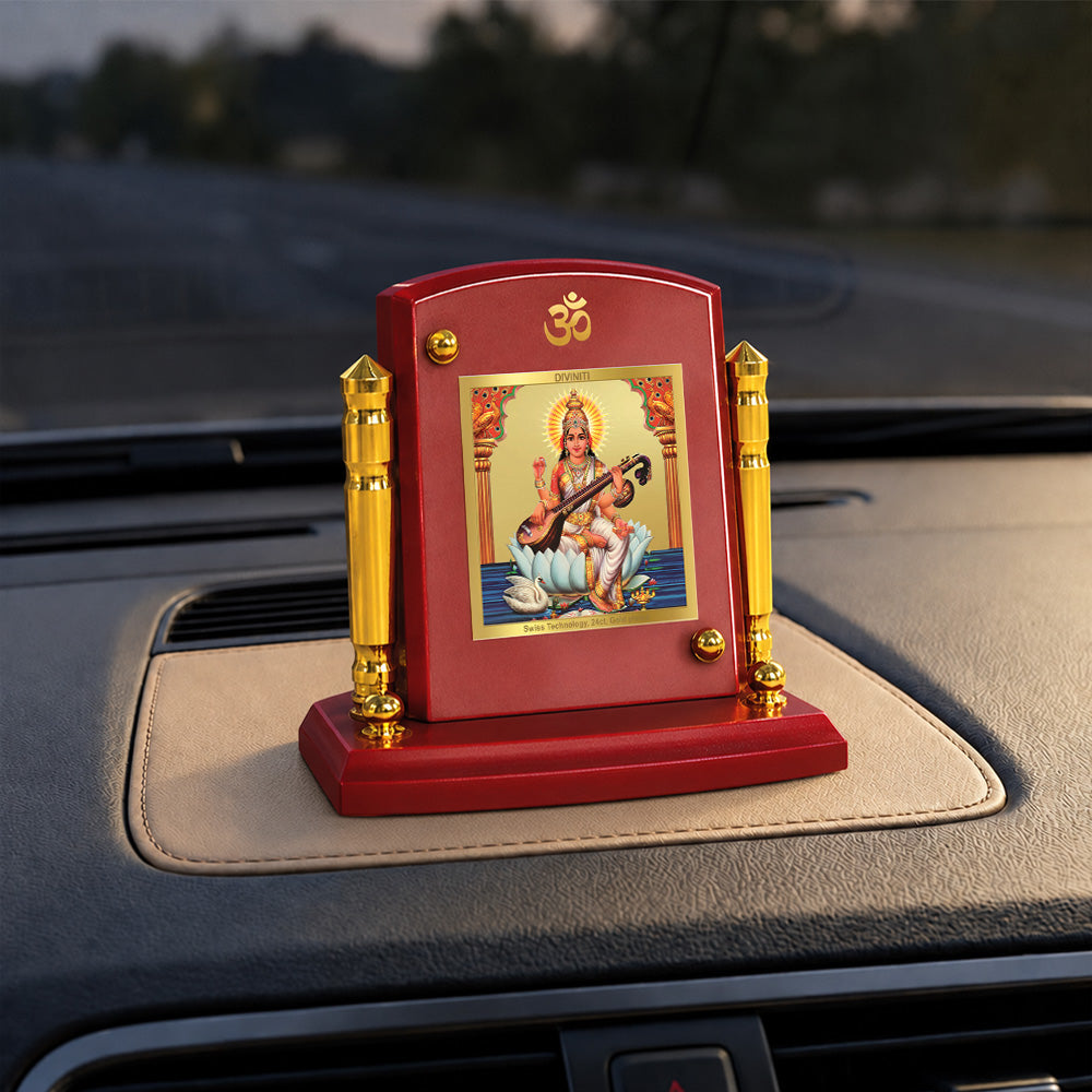 24K Gold-Plated Goddess Saraswati MDF Car Dashboard Frame | 7.5x9 CM