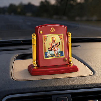 24K Gold-Plated Goddess Saraswati MDF Car Dashboard Frame | 7.5x9 CM