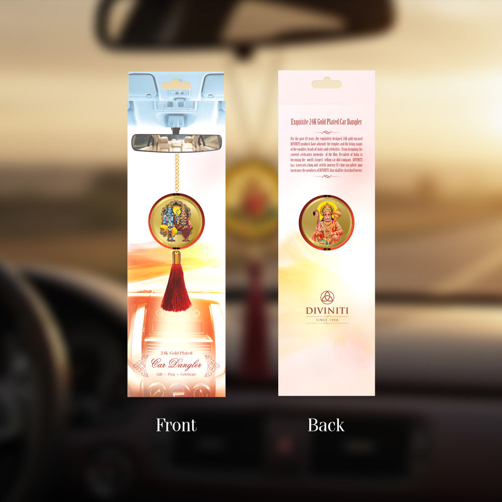 Diviniti 24K Gold Plated Double-Sided Ram Sita & Hanuman Ji Car Dangler (5.5 cm) | Divine Hanging Car Decor for Protection, Positive Energy & Spiritual Blessings