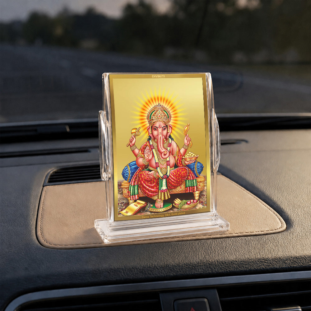24K Gold-Plated Lord Ganesha Acrylic Car Dashboard Frame | 11x7 CM
