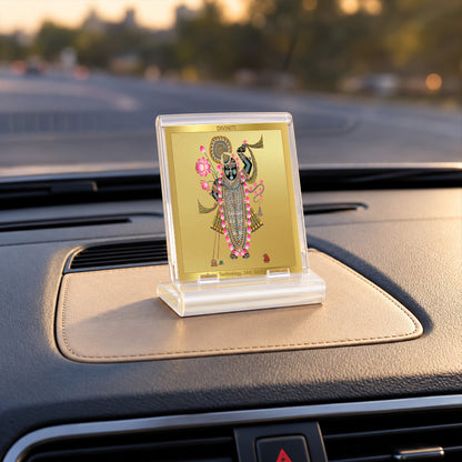 24K Gold-Plated Lord Shrinath Ji Acrylic Car Dashboard Frame | 6x5 CM