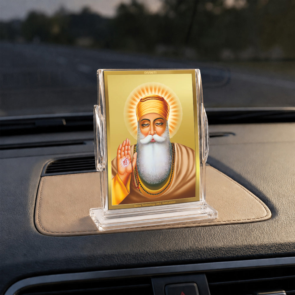 24K Gold-Plated Guru Nanak Dev Ji Acrylic Car Dashboard Frame | 11x7 CM