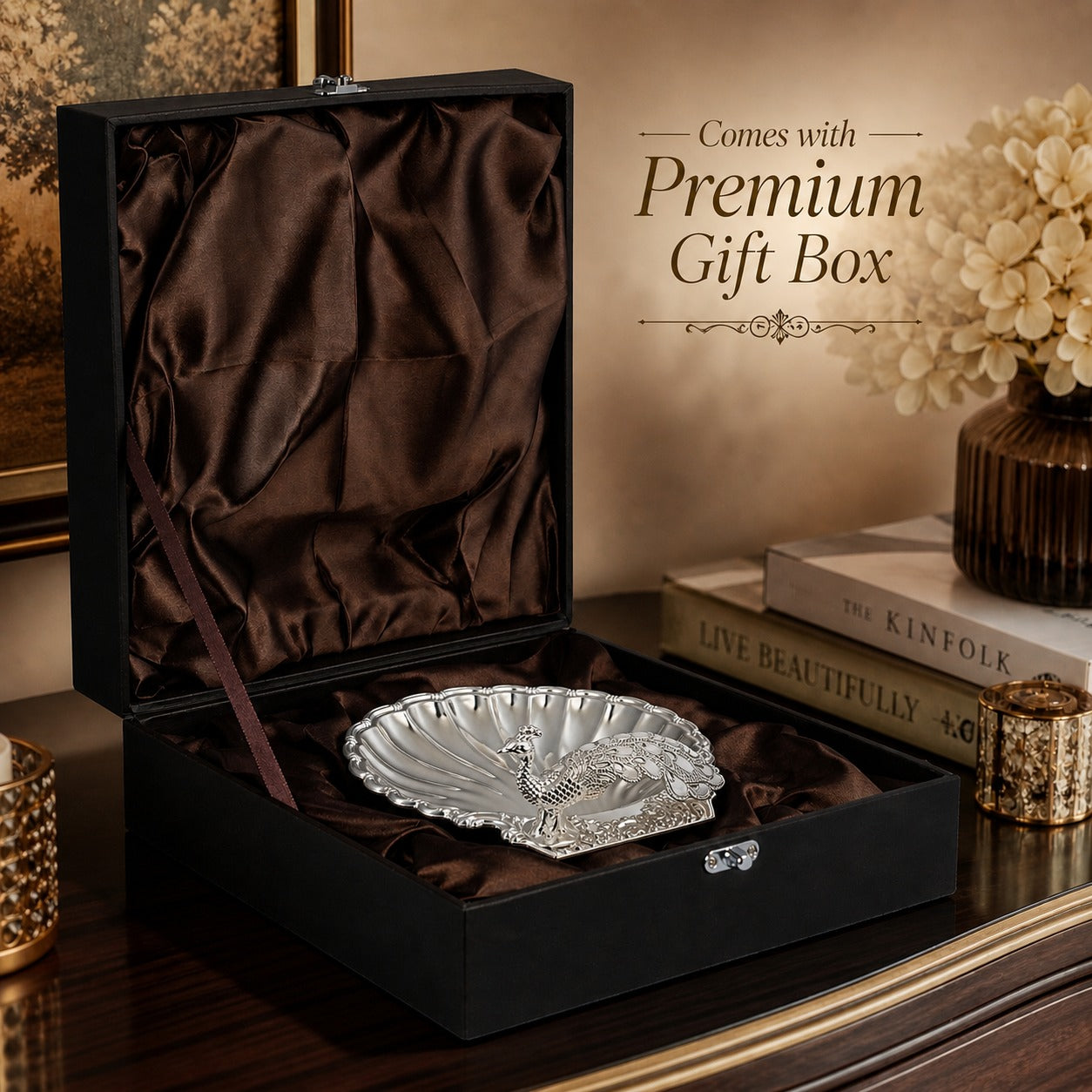 Diviniti Silver Peacock German Silver Dry Fruit Bowl with Gift Box