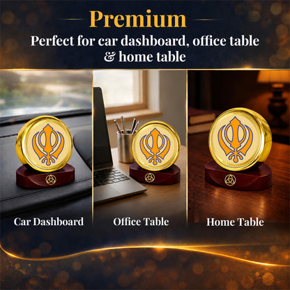 24K Gold-Plated Khanda Sahib Car Dashboard Frame | 5x5 CM
