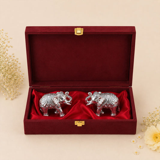 Diviniti 999 Silver Plated Antique Elephant Pair Showpiece for Home Décor With Gift Box