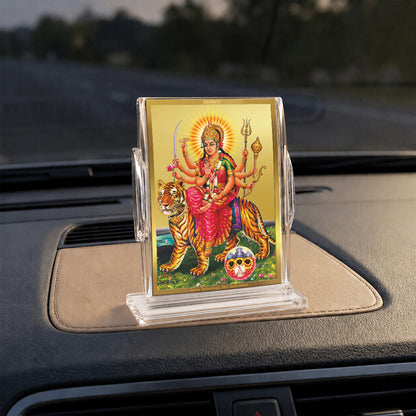 24K Gold-Plated Sherawali Mata with Pindi Acrylic Car Dashboard Frame | 11x7 CM