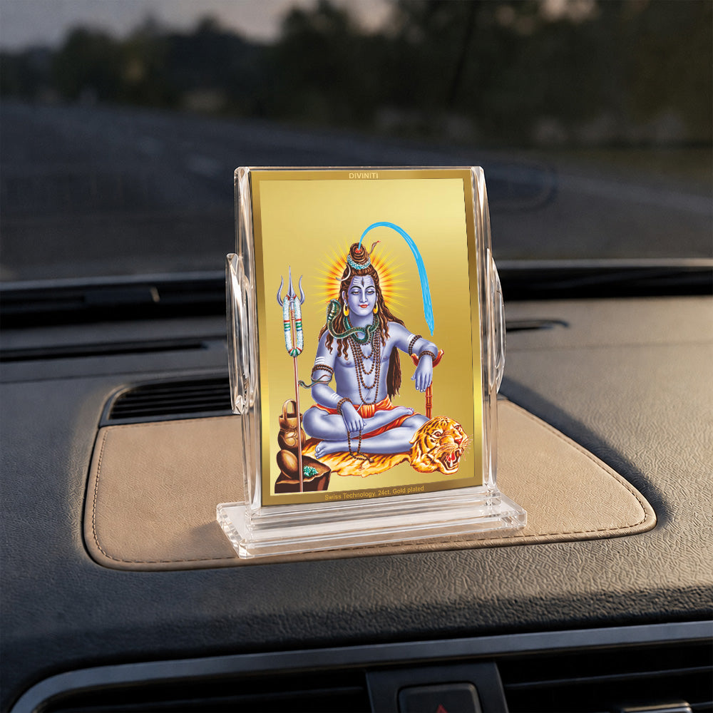 24K Gold-Plated Lord Shiva Acrylic Car Dashboard Frame | 11x7 CM