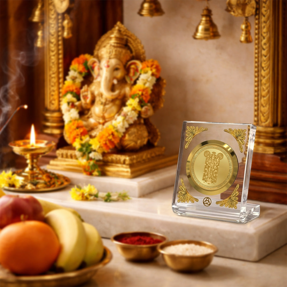 Diviniti Premium Gold on Gold Guruvayurappan Car Dashboard Frame with Ganesh idol in a decorated altar.