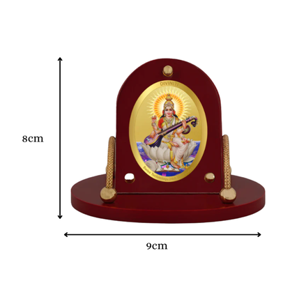 Diviniti 24K Gold Plated Foil Saraswati Mata Frame for Car Dashboard, Home Decor, Table & Office (8x9 CM)