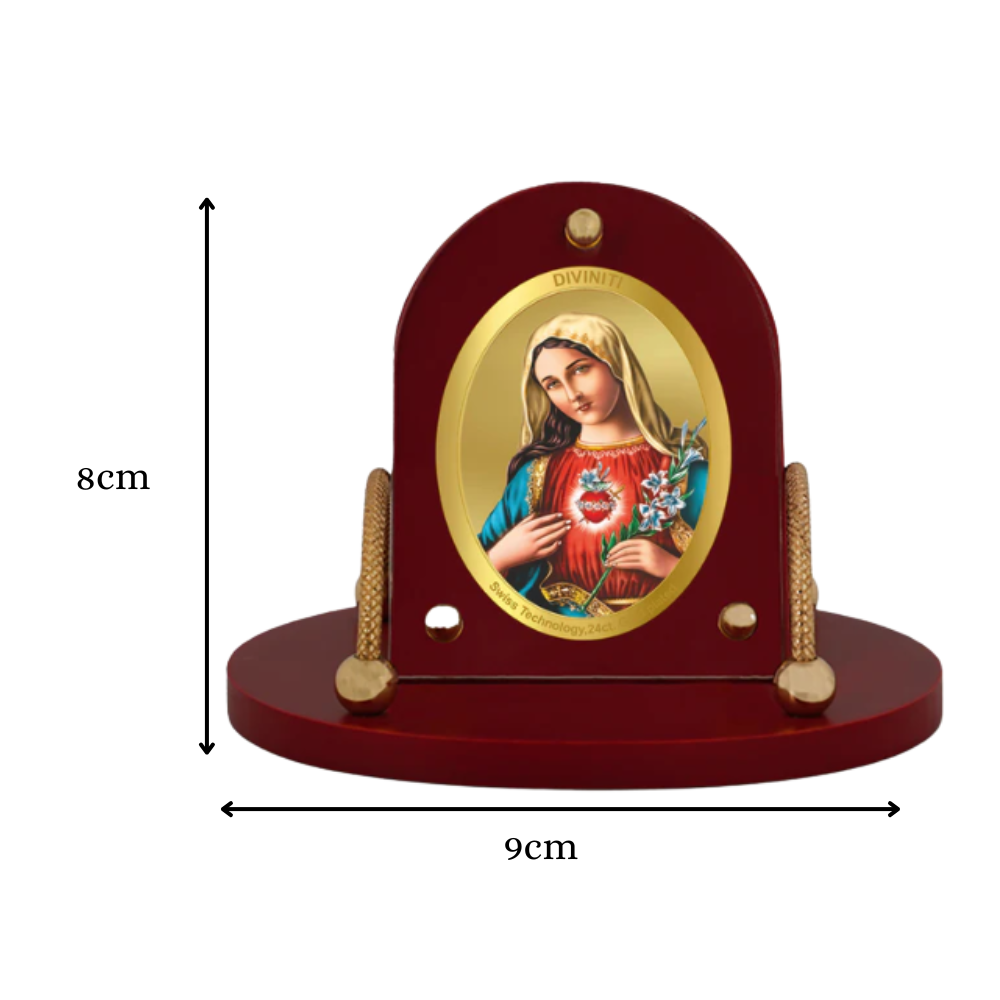 Diviniti 24K Gold Plated Foil Mother Mary Frame for Car Dashboard, Home Decor, Table & Office (8x9 CM)