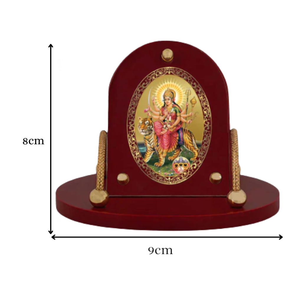 Durga Sherawali Mata with Pind | Divine Goddess Durga Car Dashboard & Tabletop Photo Frame in 24K Gold Plated Foil