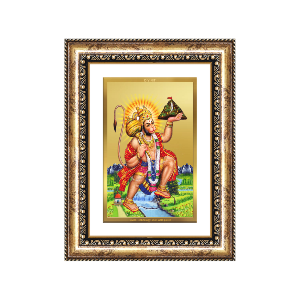 Diviniti 24K Gold Plated Hanuman With Mountain (Classic) Divine Wall Frame for Home Mandir & Office Decor | Luxury Spiritual Gift