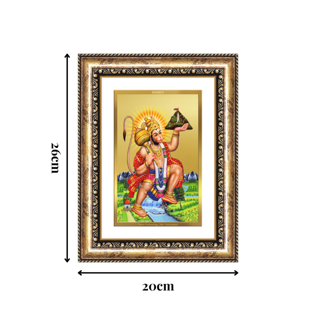 Diviniti 24K Gold Plated Hanuman With Mountain (Classic) Divine Wall Frame for Home Mandir & Office Decor | Luxury Spiritual Gift