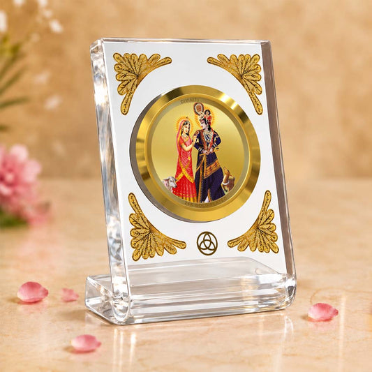 24K Gold Plated Radha Krishna With Cow Acrylic Car Dashboard Frame | 8x7 CM