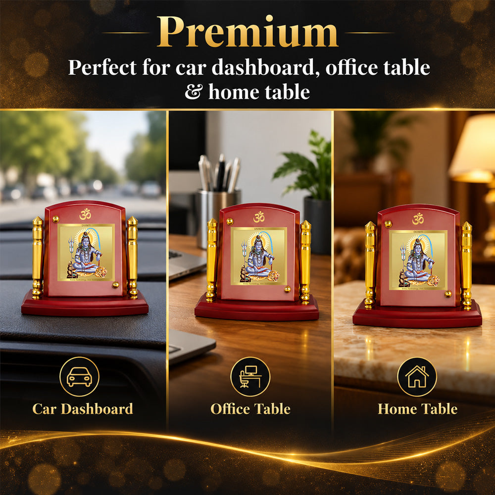 24K Gold-Plated Lord Shiva MDF Car Dashboard Frame | 7.5x9 CM