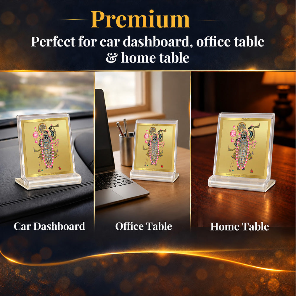 24K Gold-Plated Lord Shrinath Ji Acrylic Car Dashboard Frame | 6x5 CM