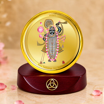 24K Gold-Plated Lord Shrinath Ji Car Dashboard Frame | 5x5 CM