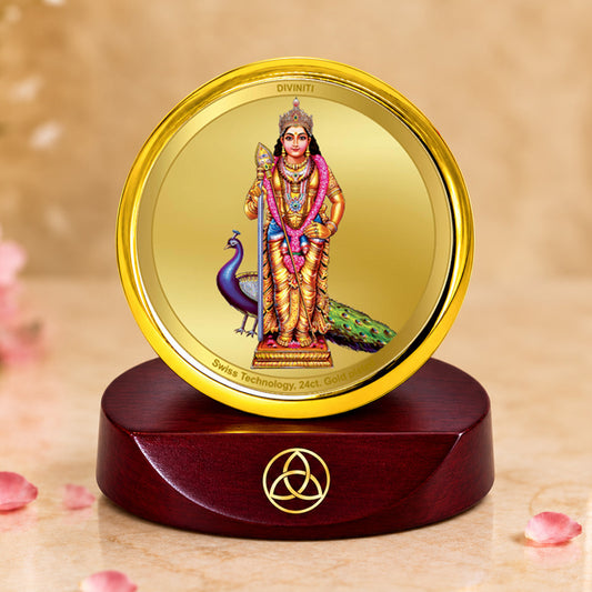 24K Gold-Plated Lord Murugan Car Dashboard Frame | 5x5 CM