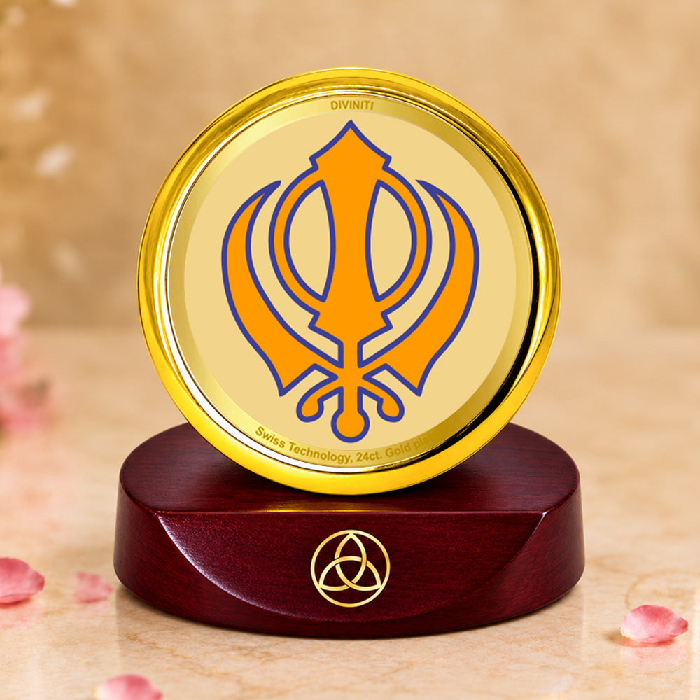 24K Gold-Plated Khanda Sahib Car Dashboard Frame | 5x5 CM