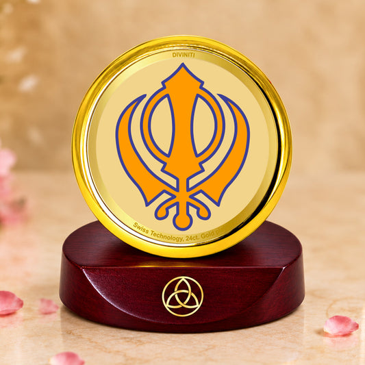 24K Gold-Plated Khanda Sahib Car Dashboard Frame | 5x5 CM