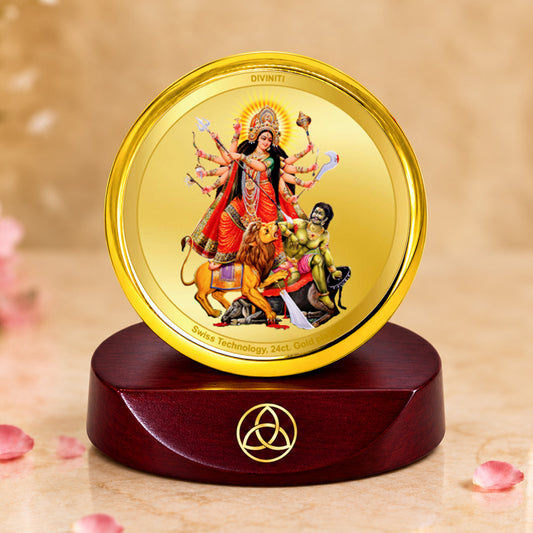 24K Gold-Plated Durga Mahishasura Mardini Car Dashboard Frame | 5x5 CM