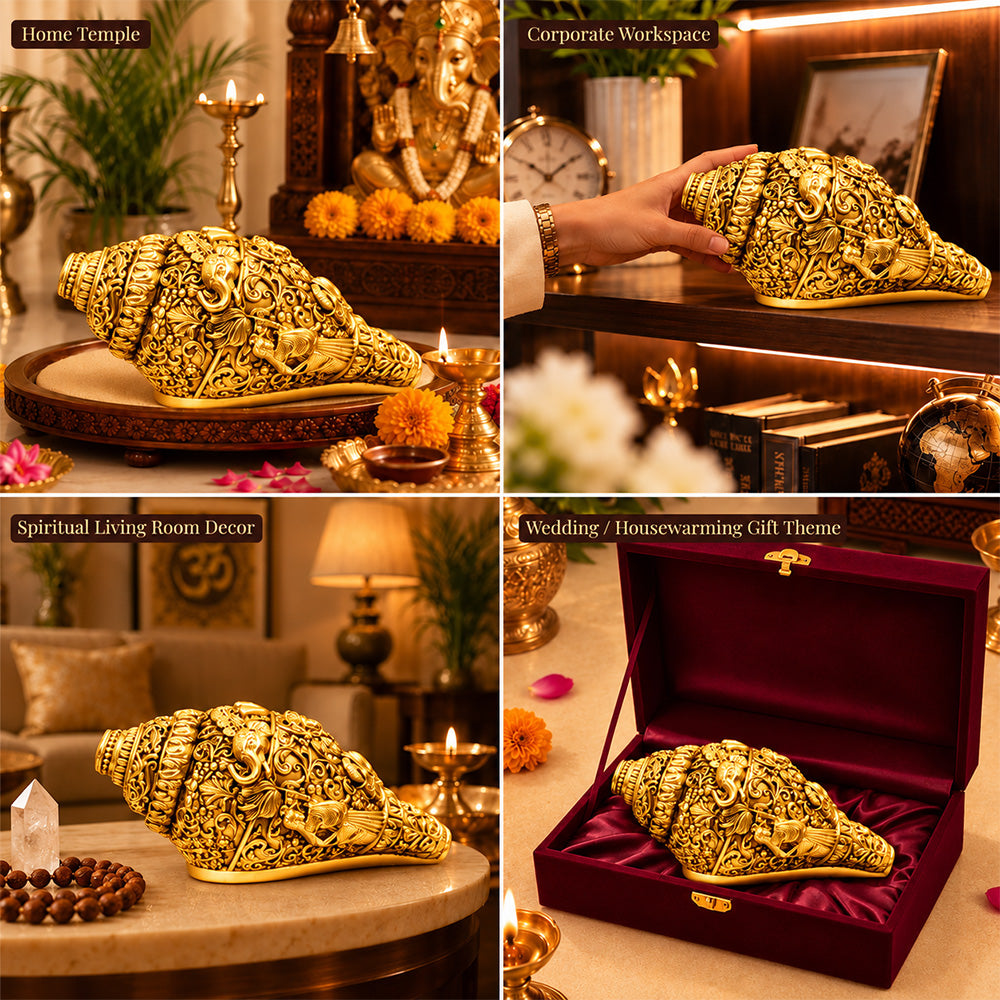 24K Gold-Plated Ganesha Shankh | Premium Gift Box | 14x8 CM