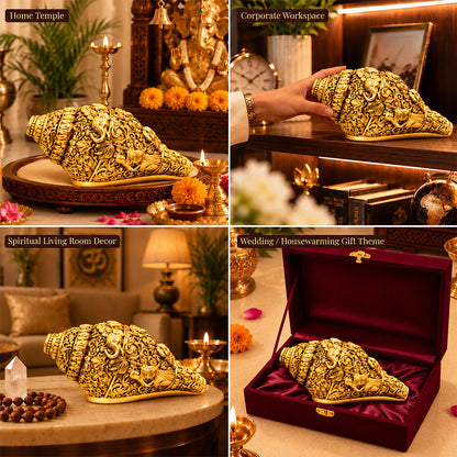 24K Gold-Plated Ganesha Shankh | Premium Gift Box | 14x8 CM