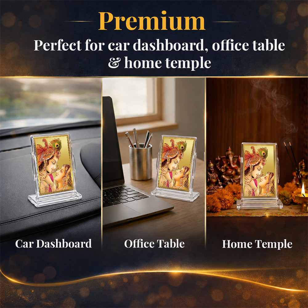 24K Gold-Plated Radha Krishna Acrylic Car Dashboard Frame | 11x7 CM