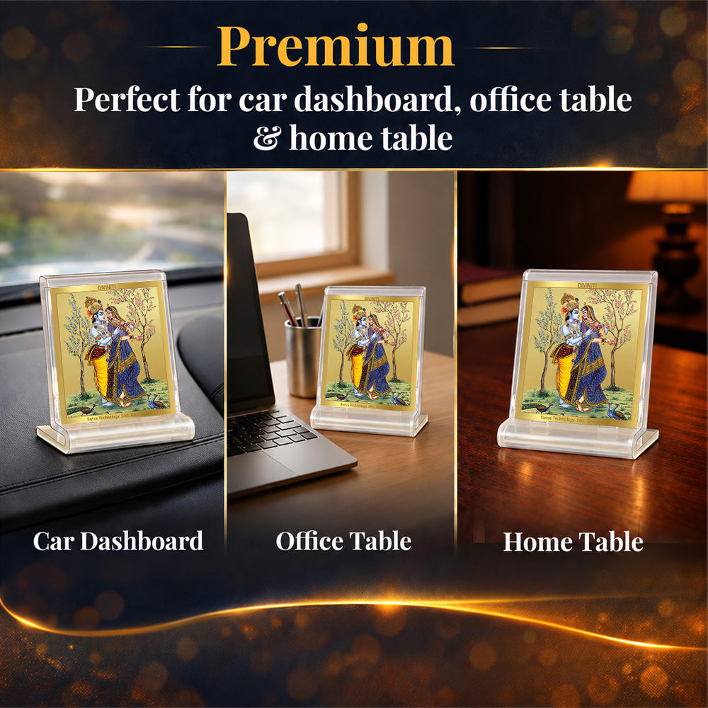 24K Gold-Plated Radha Krishna with Peacock Acrylic Car Dashboard Frame | 6x5 CM