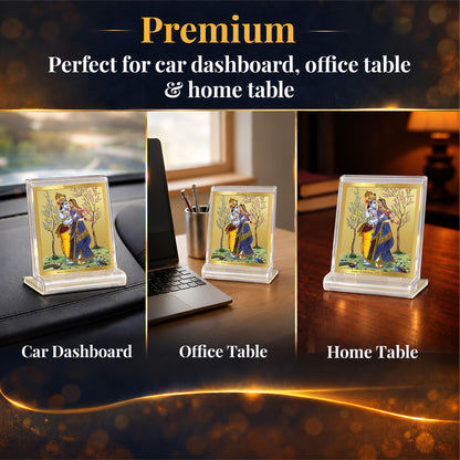 24K Gold-Plated Radha Krishna with Peacock Acrylic Car Dashboard Frame | 6x5 CM