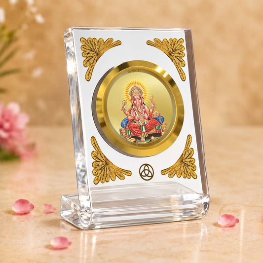 24K Gold Plated Lord Ganesha Acrylic Car Dashboard Frame | 8x7 CM