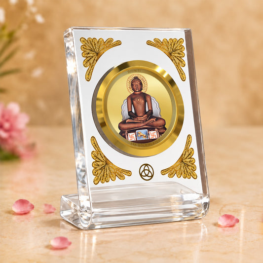 24K Gold Plated Lord Mahavir Acrylic Car Dashboard Frame | 8x7 CM