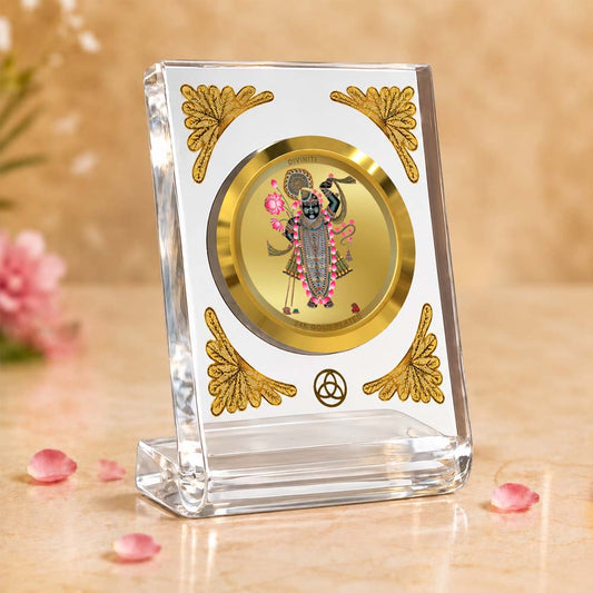 24K Gold Plated Lord Shrinath Ji Acrylic Car Dashboard Frame | 8x7 CM