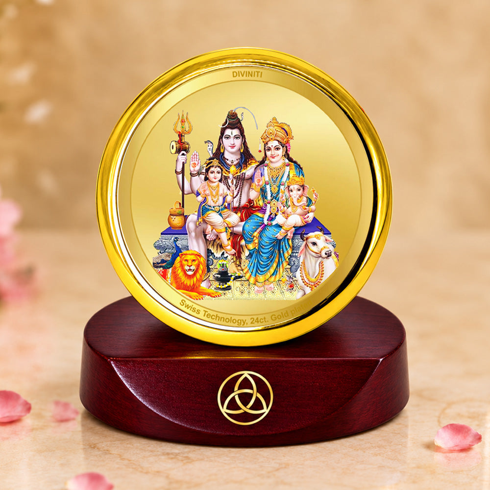 24K Gold-Plated Shiv Parivar Car Dashboard Frame | 5x5 CM