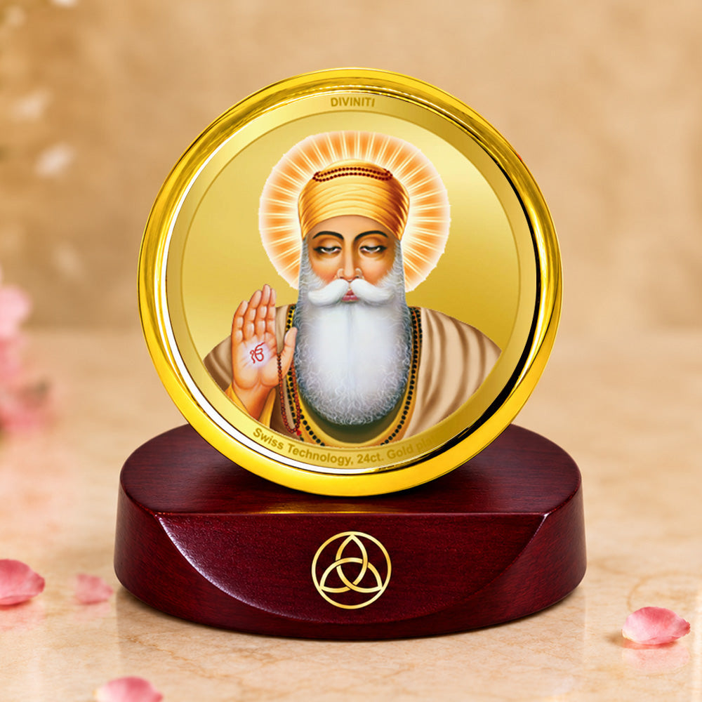 24K Gold-Plated Guru Nanak Dev Ji Car Dashboard Frame | 5x5 CM