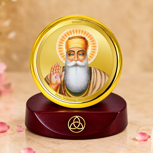 24K Gold-Plated Guru Nanak Dev Ji Car Dashboard Frame | 5x5 CM