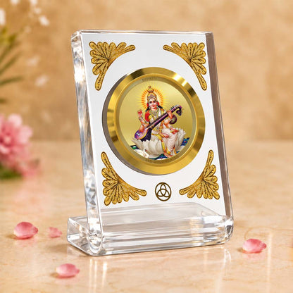 24K Gold-Plated Goddess Saraswati Acrylic Car Dashboard Frame | 8x7 CM
