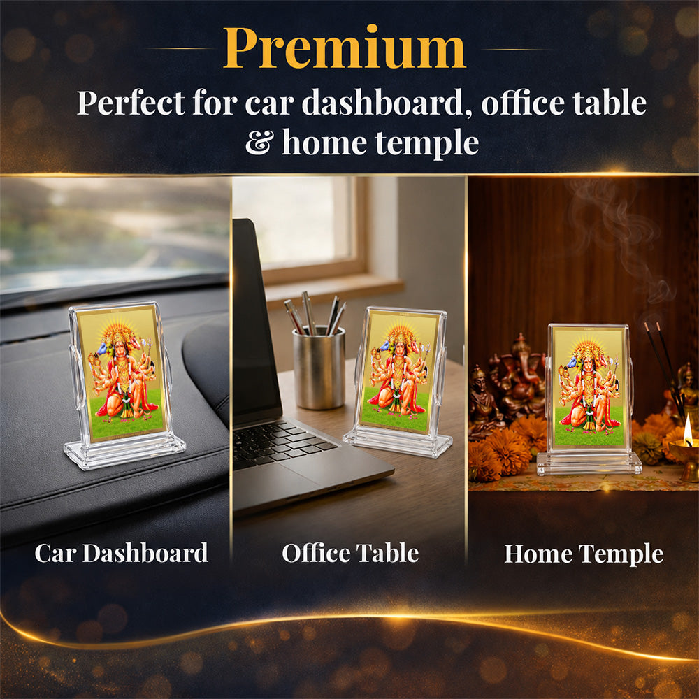 24K Gold-Plated Panchmukhi Hanuman Acrylic Car Dashboard Frame | 11x7 CM