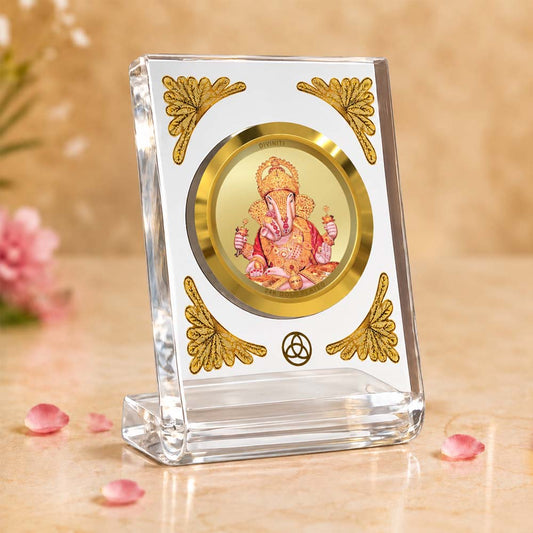 24K Gold Plated Dagadu Ganesha Acrylic Car Dashboard Frame | 8x7 CM