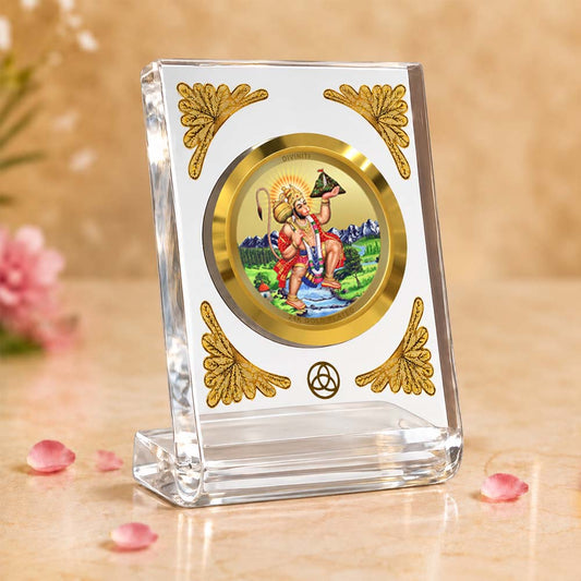 24K Gold Plated Lord Hanuman Carrying Sanjeevani Mountain Acrylic Car Dashboard Frame | 8x7 CM