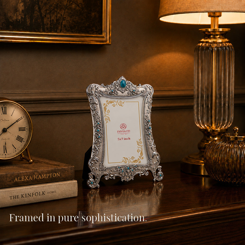 Diviniti Antique Silver-Plated Ornate Photo Frame with Turquoise Stone Accents | Luxury Vintage Tabletop Picture Frame | 5 x 7 Inch