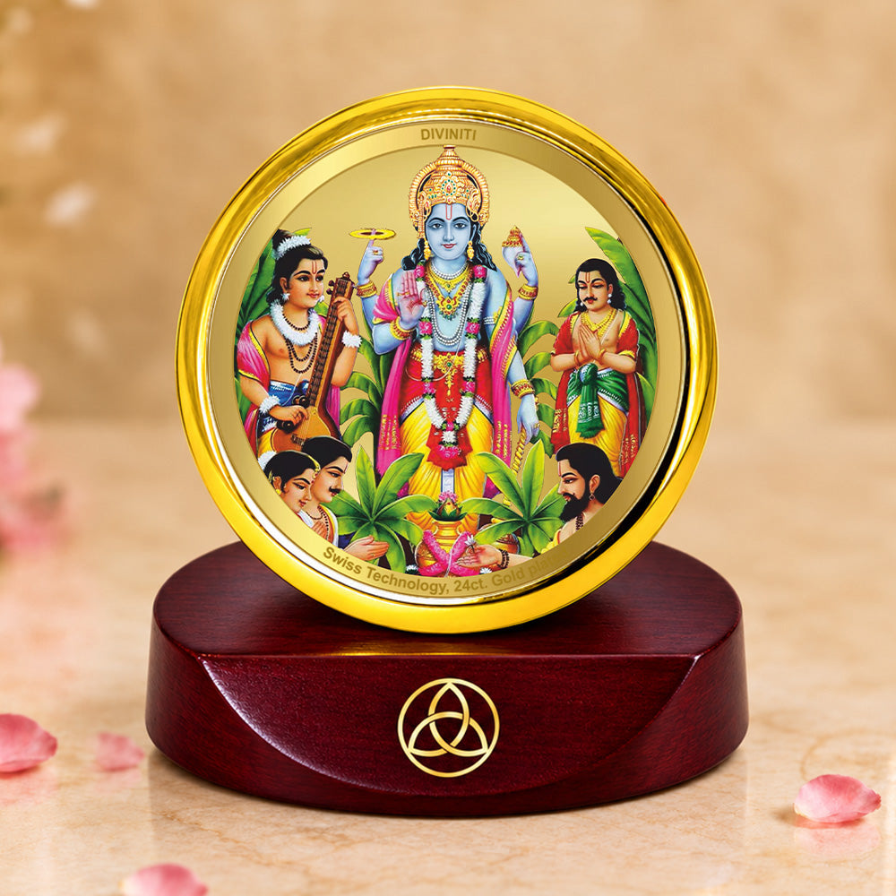 24K Gold-Plated Lord Satya Narayana Car Dashboard Frame | 5x5 CM