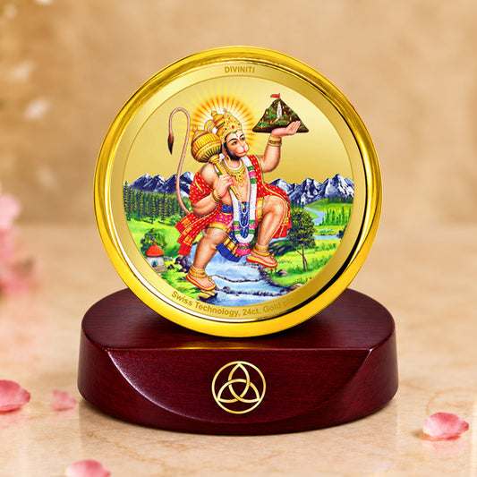 24K Gold-Plated Hanuman Carrying Sanjeevani Mountain Car Dashboard Frame | 5x5 CM