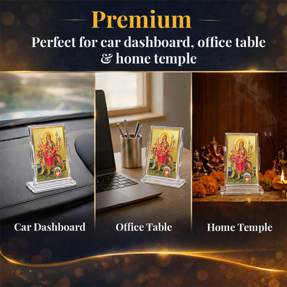 24K Gold-Plated Sherawali Mata with Pindi Acrylic Car Dashboard Frame | 11x7 CM
